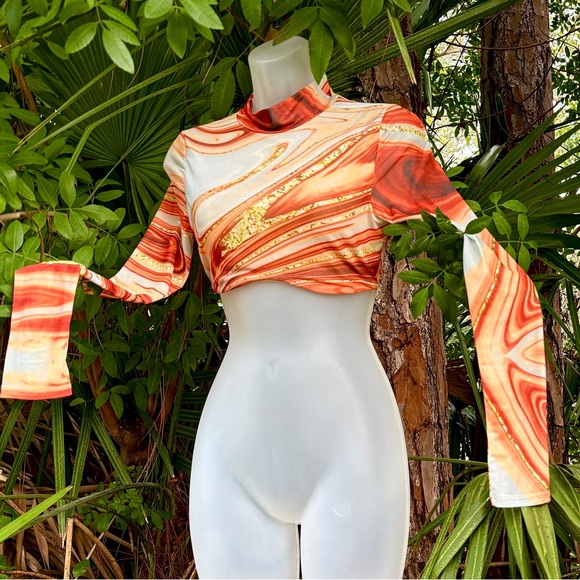 Blanc Mesh Copper Brown Swirl Top Size S 4 Crop Mock Neck Artsy Abstract Quartz - Picture 4 of 14